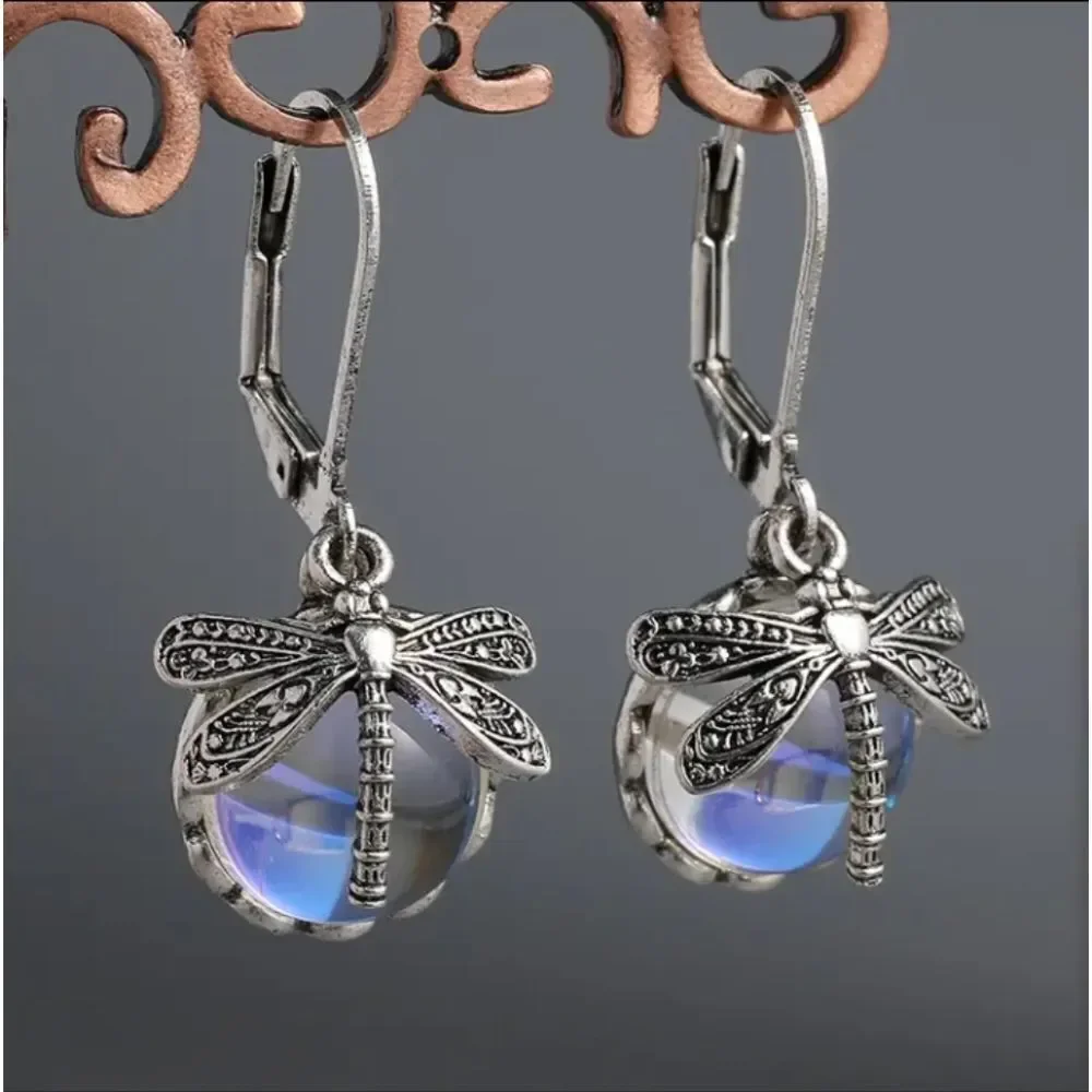 Vintage Dragonfly Round Drop Earrings